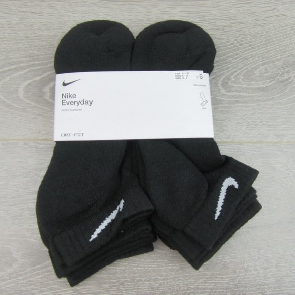 Nike Everyday Cushioned Low Socks Black 6 Pack Women's 6-10 / Youth 5Y-7Y NEW - Picture 2 of 9